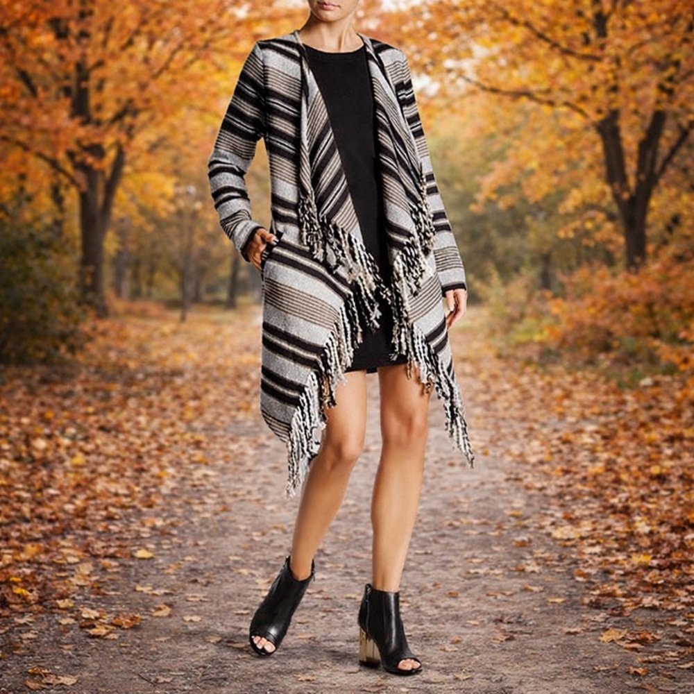 BB DAKOTA Sparrow Fringe Blanket Coat – Striped Belted Cardigan Coat